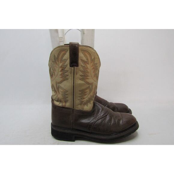 Justin Work Boot Mens Sz 11 D Two Tone Brown Leather Cowboy Stockman Work Boots - Picture 3 of 11